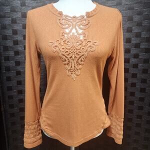 Miss Me Lace Sleeve Embellished Top Long Sleeve Orange Size Medium